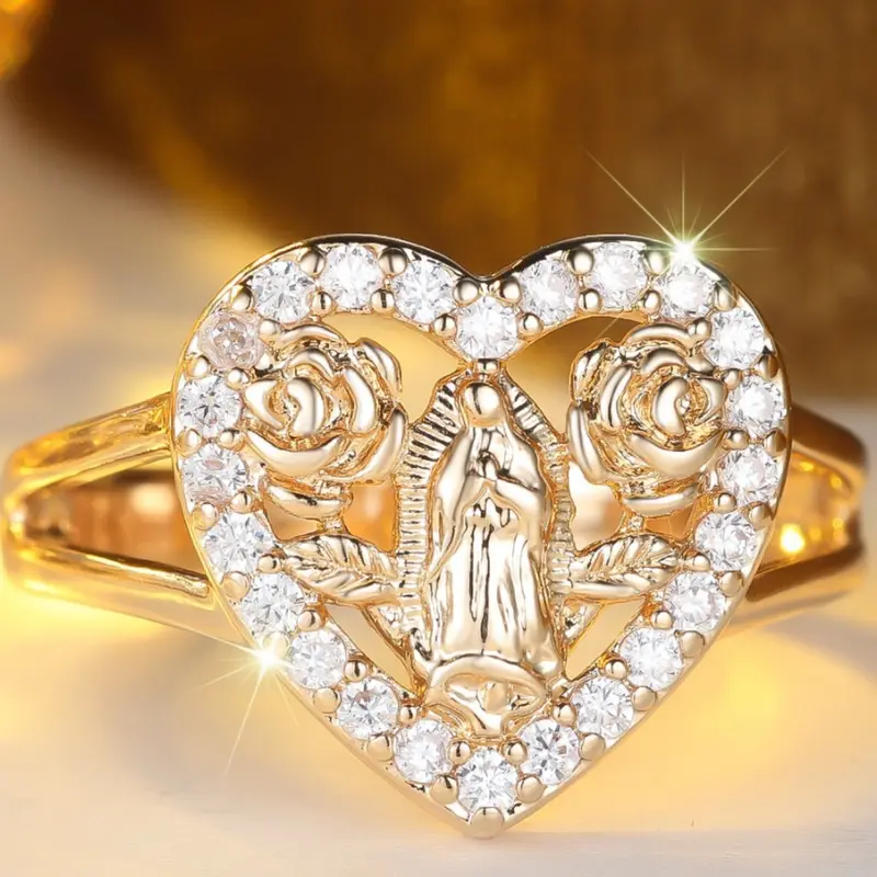 Heart-Shaped Mother Mary Ring with Rose Accents, Niche Heart Cluster Ring, Lightweight Luxury-feel Ring, Heart Shaped Zircon Jewelry Beautiful Rings