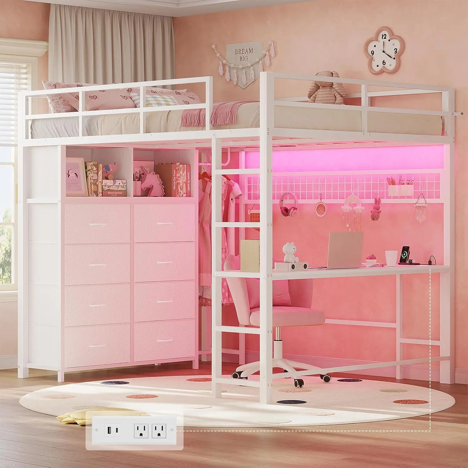 Sikaic Loft Bed Full Size with Desk and 8 Storage Drawers, LED Metal Loft Bed with Power Outlet, 2 Shelves & Clothing Rack, Bed with Safety Guardrail & Ladder, Space-Saving