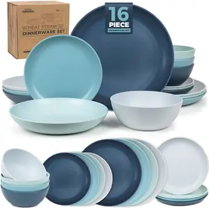 16-piece Premium Wheat Straw Dinnerware Sets for 4 - Unbreakable Dishwasher & Microwave Safe Plastic Plates and Bowls Sets - Patio, Outdoors, RV, Camping Dishes - Seascape