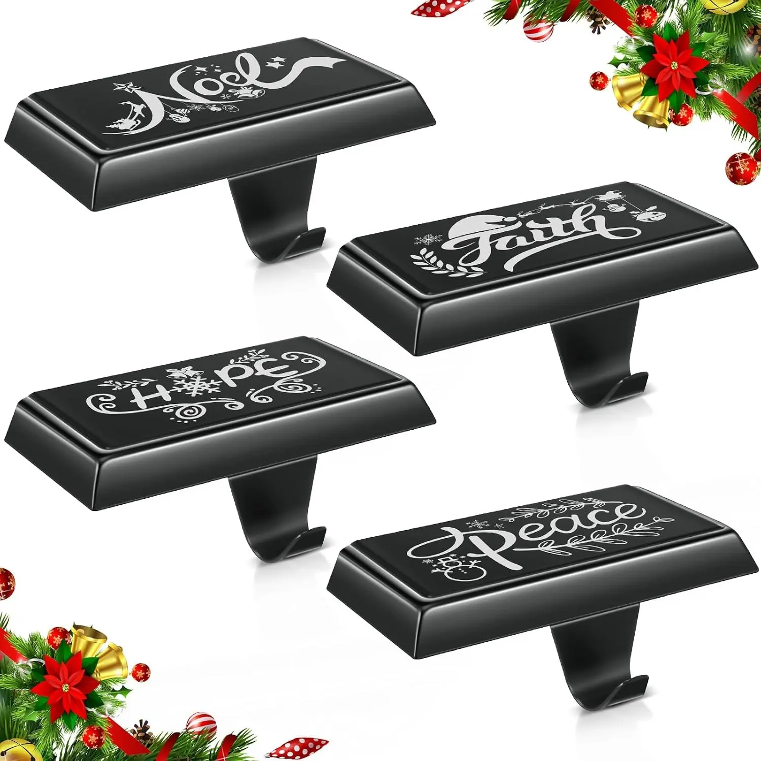 Yaocom 4 Pcs Christmas Stocking Holder Bases Weighted Mantel Stocking Hangers Peace Hope Noel Faith Fireplace Stocking Hooks for Fireplace Stand Hanger Holder Xmas Holiday Decoration (Black)