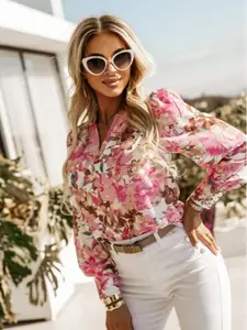 Fashion Casual Bishop Sleeve Boho Floral Print V-Neck Ruched Fitted Casual Summer Shirt Women's Shirt Blouse, Stylish Ladies' Top, Comfortable and Trendy Design
