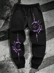 American Men's Dark Thorn Compass Print Cargo Pants, Base Pattern, Loose Fit, Spring Fall Streetwear Long Pants