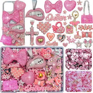 Junk Case Charms Kit, Pink Junks Phones Cases 3D Rhinestone Cool teeth and lips And Bows Chain Bags Hearts And Cross Flowers And Other Bedazzling Kits Can Be Used In DIY Phone Case Designs