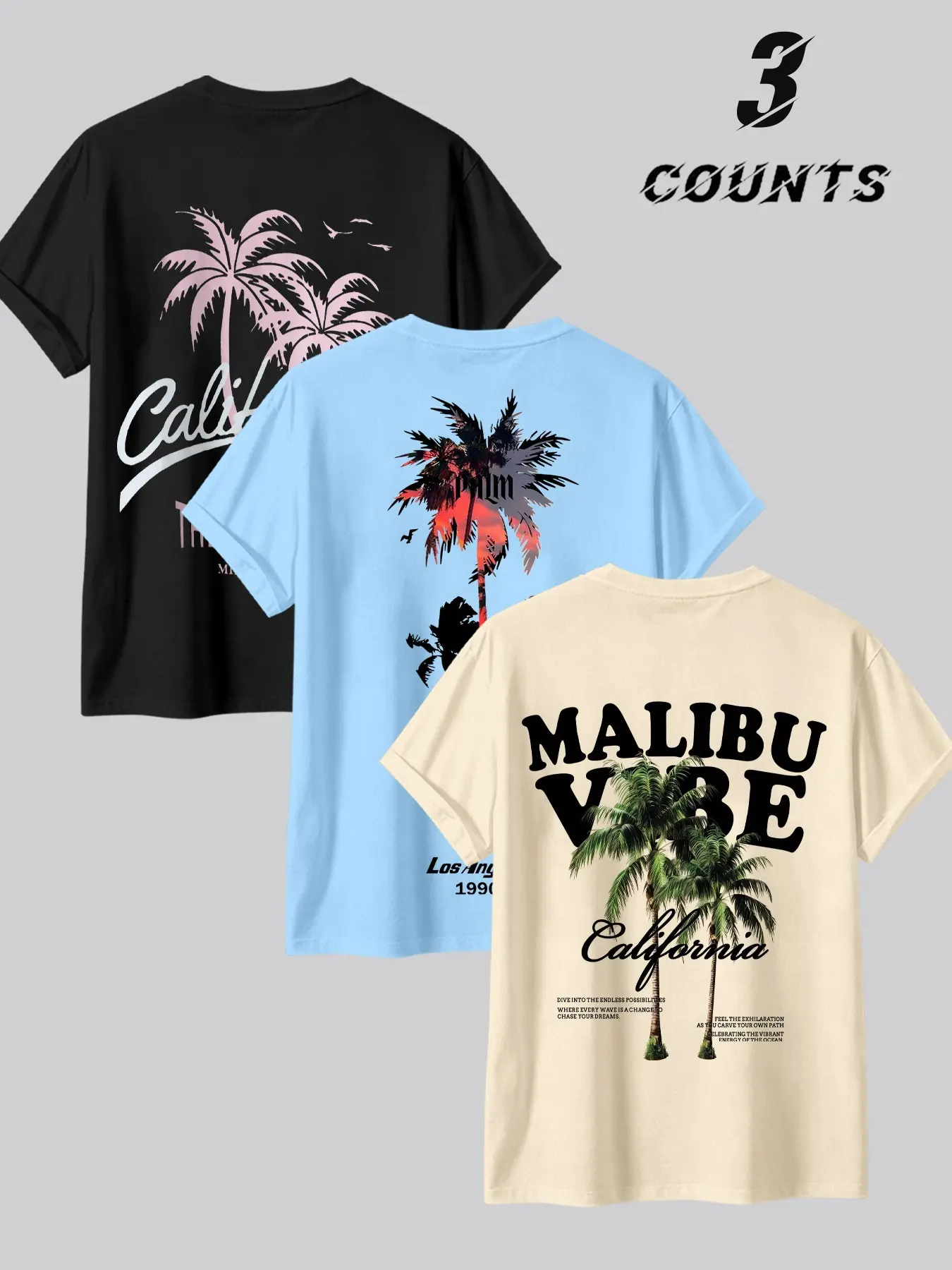 Summer Men's Breathable Casual Round Neck T-Shirt 3-Pack, Casual Graphic Tee, Tropical Coconut Tree Print, American Vintage Beach Style, Oversized Loose-Fit Short Sleeve Top, Streetwear, Vibe