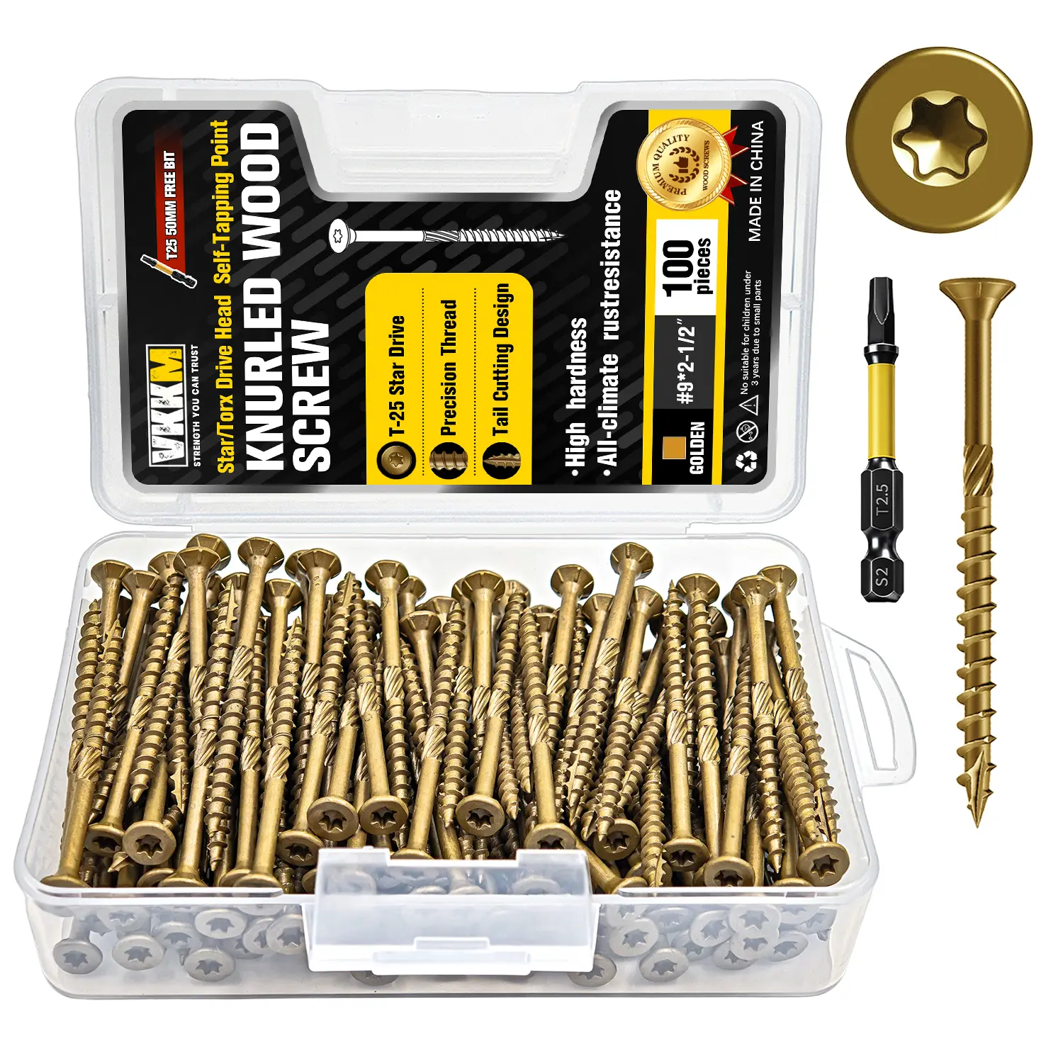 VKKM 150Pcs #9 x 2.5in T25 Star Torx Self-Tapping Wood Deck Screws Set, Rust-Proof No Pre-Drilling Fasteners with Free T25 Bit for Fence, Deck DIY Woodworking