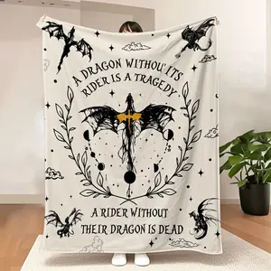 Dark Fantasy Dragon Wreath Throw Flannel Fleece Blanket - Beige Background with Stylized Black Dragon, Celestial Elements, and Heartfelt Quotes 'A DRAGON WITHOUT ITS RIDER IS A TRAGEDY' & 'A RIDER WITHOUT THEIR DRAGON IS DEAD'