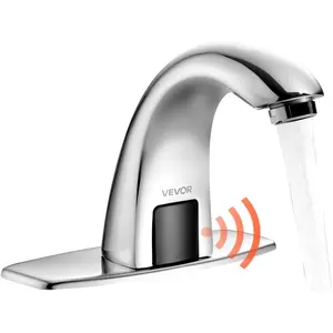 VEVOR Touchless Bathroom Sink Faucet, Automatic Motion Sensor Restroom Toilet Faucet with Hole Cover Plate, Battery Operated, Hot/Cold Water for 9/16 in Pipe Commercial Lavatory, Chrome Plated SilverVEVOR Super Brand Day
