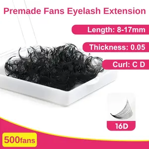 Very Soft Lashes Extension 500 Fans 16D Premade Fans Eyelash Extensions, 0.05mm C/d Curl, Length 9-16mm, Dense & Quick Application, Recyclable, Beauty Salon Use Only
