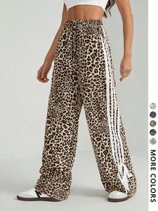 women's leopard print tie side wide leg pants, casual comfy trousers for daily wear, ladies bottoms for all seasons