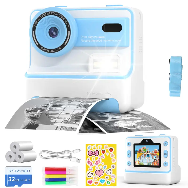 Kids Rechargeable Cordless Digital Point & Shoot Camera - ABS Plastic, 3.7V 1200mAh Built-in LiPo Battery, 9.4*5.6*8.9cm Thermal Printer, Manual Operation, 4 Color Pens, Electronic Gift Set for Boys (Birthdays, Batteries Included) techvibes