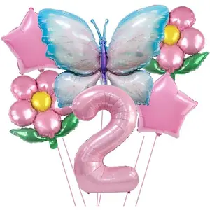 2nd Birthday Decorations Butterfly Balloon, Blue Butterfly Fairy Floral Foil Balloons for Girl 2  Birthday Party Decorations  Shower Supplies...