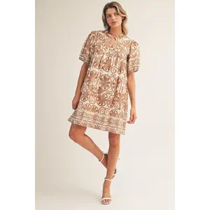 Jodifl Boho Floral Print Short Puff Sleeve Babydoll Dress