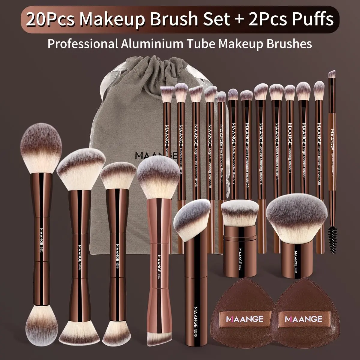 20 Counts Brushes + 2 Counts Puffs - Coffee Brown