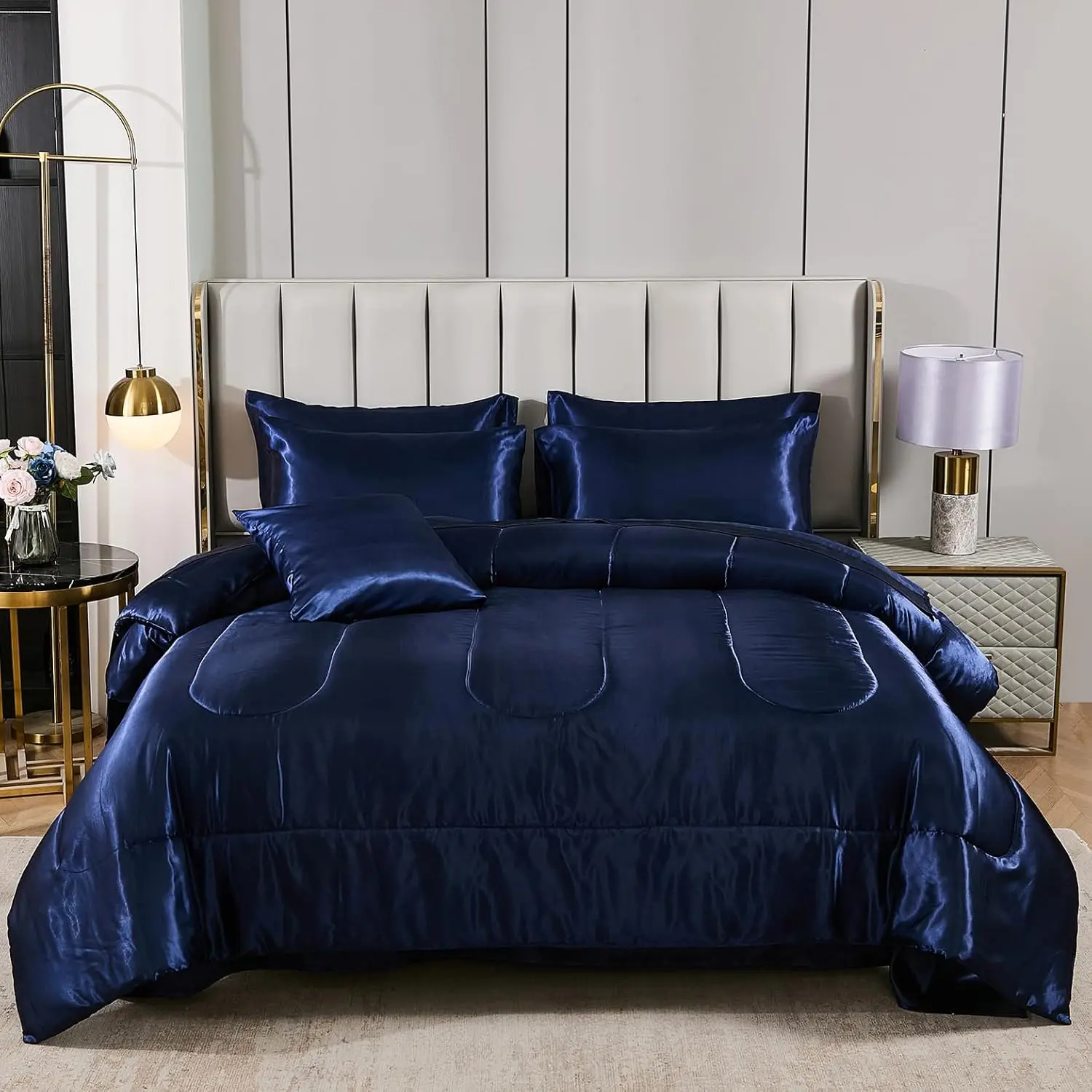 Silk Like Blue Comforter with Sheet Queen 8 Satin Comforter Silky--a-Bag Silky Comforter with 1 Cushion Cover (Queen, Navy Blue)