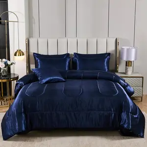 Silk Like Blue Comforter with Sheet Queen 8 Satin Comforter Silky--a-Bag Silky Comforter with 1 Cushion Cover (Queen, Navy Blue)