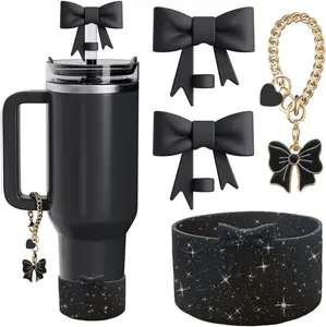 Accessories Set for  Cup,2Pcs Bow Straw Cover Caps Straw Toppers,1Pcs Cute Bow and Heart Handle Charm and 1 count Bow Bling  Boot for  30&40oz Tumbler (Black)