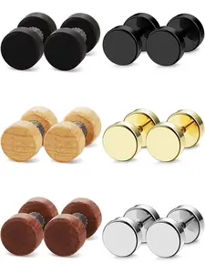 6 Pairs Multicolor Wooden Stainless Steel Piercing Earring Studs for Men Women Fake Gauge Plugs Classic Barbell Studs Solid Structure Smooth Edges Natural Texture Metallic Luster Trendy Mixed Style Great for Casual Outings Personalized Ear Adornment Looks