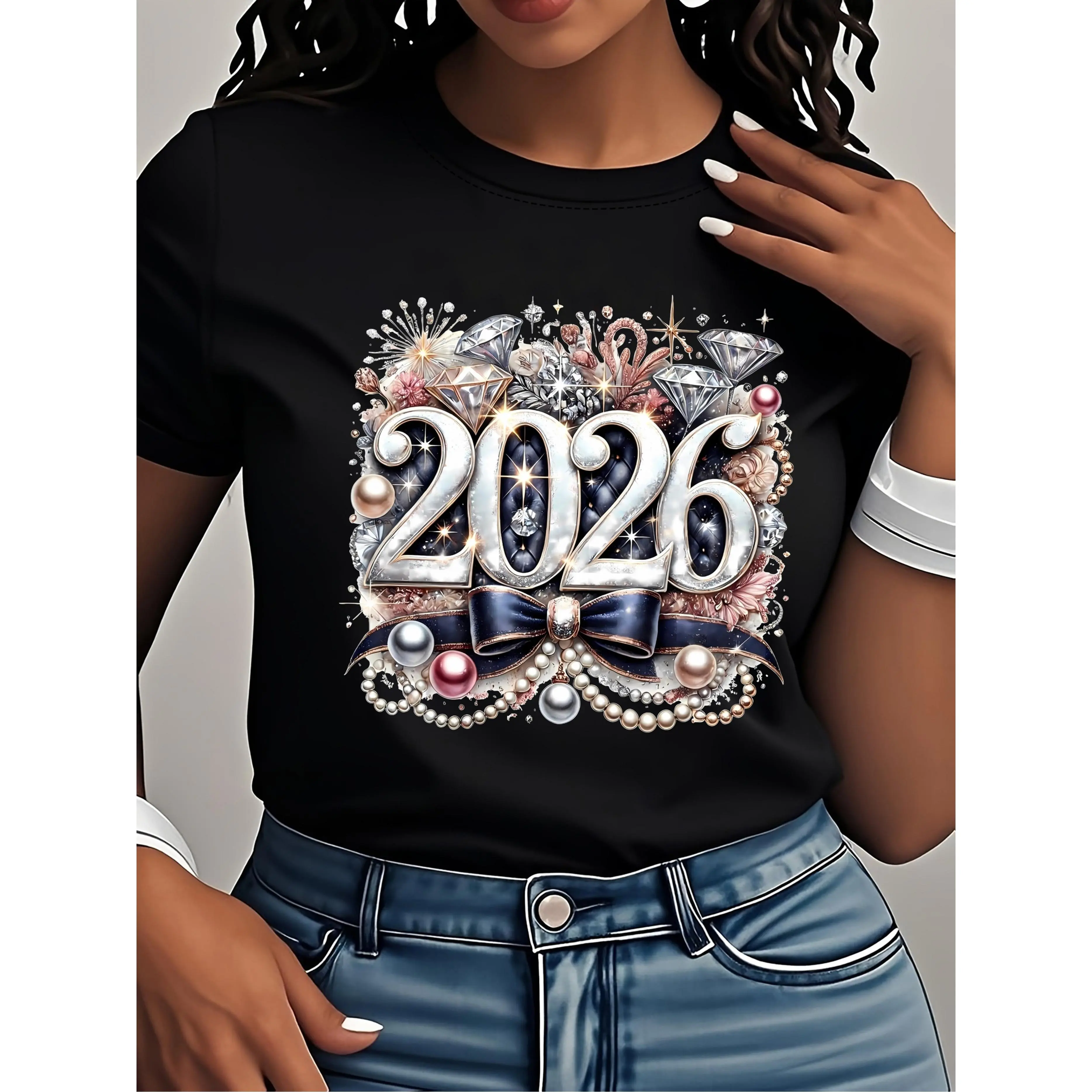 Women's 2026 New Year's Eve Party Outfit - Goodbye 2025 Hello 2026 Slogan T-Shirt | Loose Fit Round Neck Short Sleeve Top with Lettering | 2026 Celebration Clothing for NYE Parties & Casual Wear | Machine Washable
