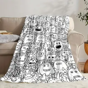 Whimsical Cartoon Monster Flannel Blanket - Black & White Bold Outlines for Coloring, Soft & Cozy Gift for Birthdays, Anniversaries, Holidays, Cartoon Blanket, Coloring Activity Blanket, Playful Design, Durable