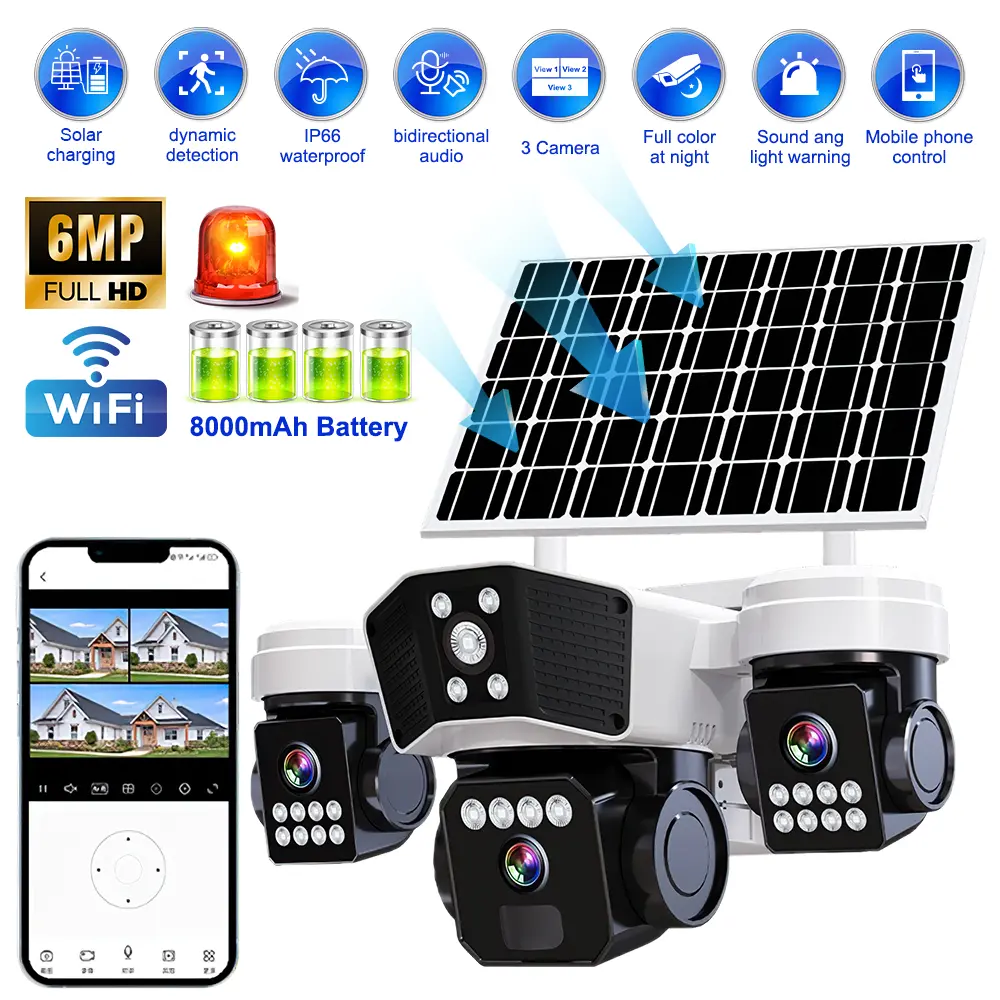Triple Lens Solar WiFi Camera, 6MP Outdoor Security Camera with 360° View, Color Night Vision, Two-Way Audio, PIR Motion Tracking, Solar Powered, IP66 Waterproof for Home Yard