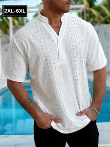 2026 Viral Men's Plus Size Hollow Out Eyelet Henley Neck Shirt Breathable Lightweight White Short Sleeve Top for Summer Vacation Beach Resort Casual Daily Pool Party Outfit