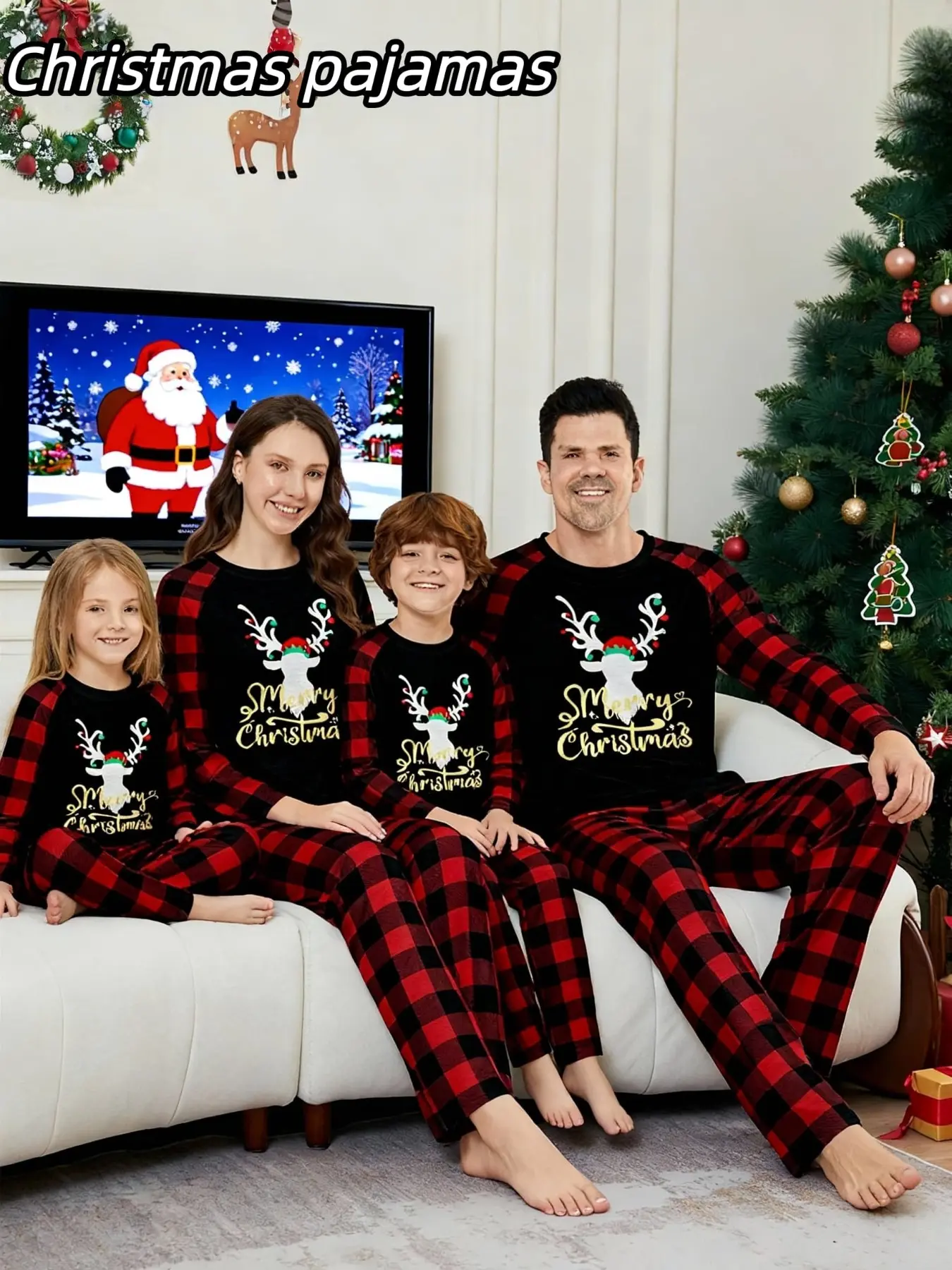 2-Piece Christmas Family Pajama Set, Reindeer Print Top, Striped Plaid Pants, Long Sleeve, All Seasons, Casual Fitted
