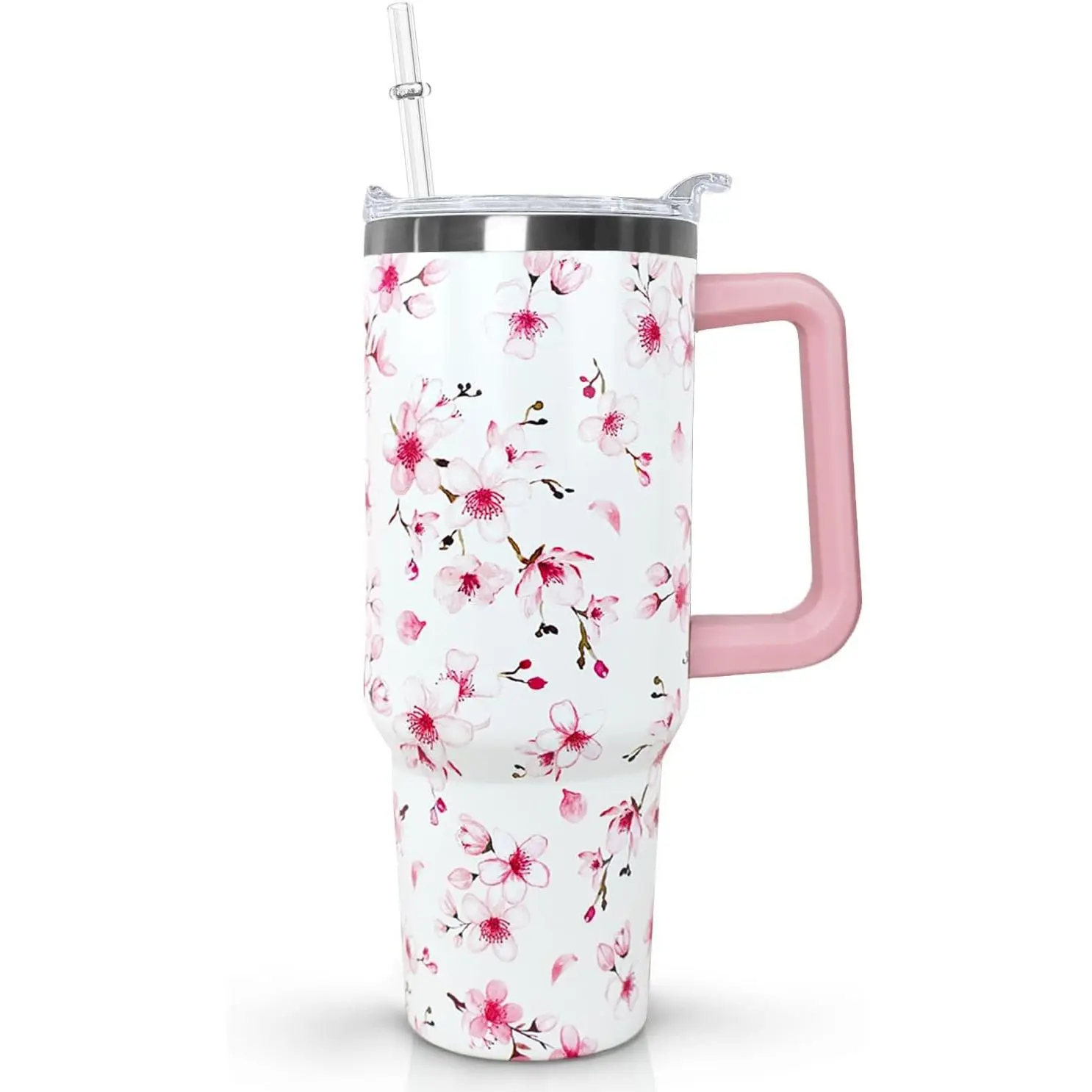 Ceovfoi 40oz Cute Stainless Steel Vacuum Tumbler - Blush Pink Transparent Cherry Blossom Kitchenware Water Bottle Flask, with Handle, Lid, Removable Straw, Eco-Coating, for Hot/Cold Beverages, Ideal Mom/Best Friend Gift