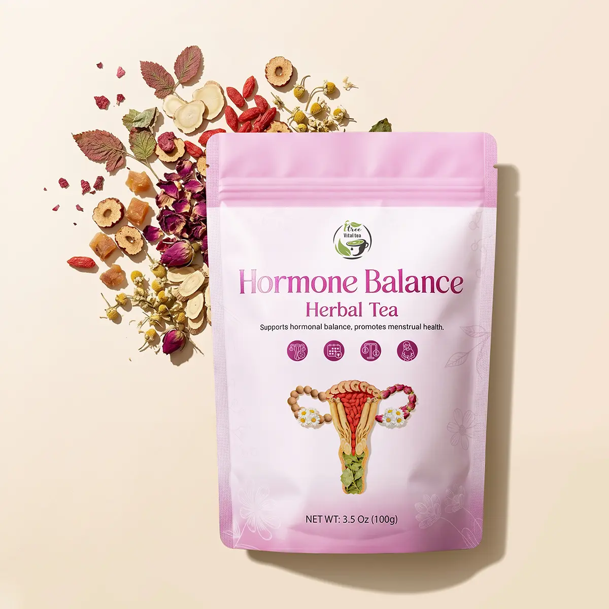 Hormone Balance Tea with 8 Organic Herbal Ingredients - Support Women's Overall Reproductive Health (PCOS, PMS, Menstrual Cycle) Ginseng Beverage for Women | iTREE · Vital-Tea | iTREE · Vital-Tea