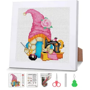 Gnome Cross Stitch Kits for Adults,Sewing Machine Stamped Cross Stitch Embroidery Kit for Beginners with Wooden Framed, Arts and Crafts for Girls 8-12 Partial 11CT Cross-Stitch 7.9x7.9inch