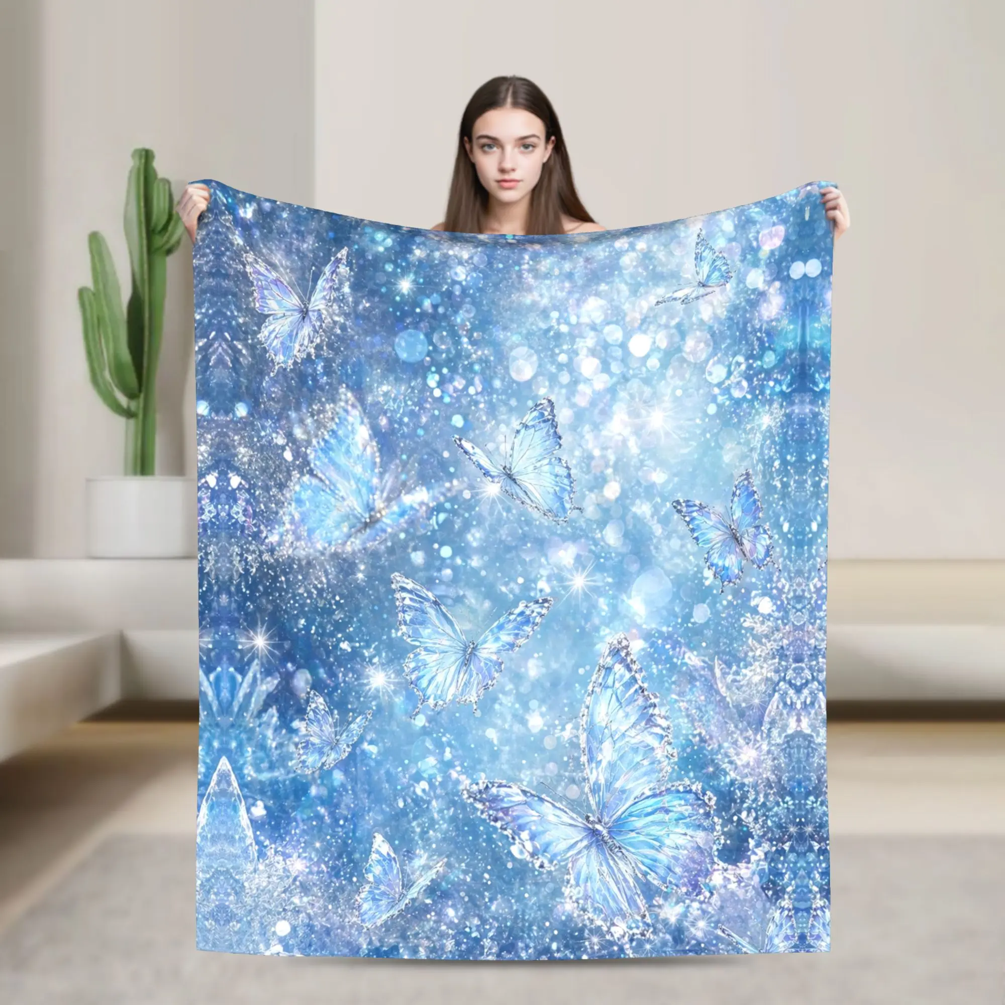 Ice Crystal Butterfly Fleece Throw Blanket - Anti-Pilling, High-Density, Multi-Size, Frosted Bokeh Starlight Print, Ethereal Blue Shimmer Flannel, for Camping, Bedroom Couch Room Decor, Unisex, Home