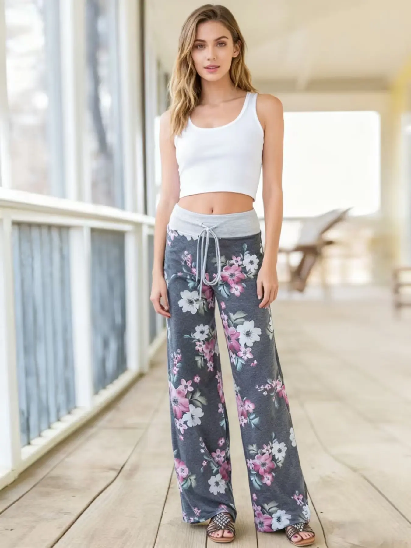 Women's new elastic Jersey pants with floral print soft comfortable sleeping pants casual pants wide leg pants home wear casual summer loungewear S-XXL