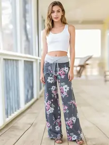 Women's new elastic pants with floral print soft comfortable sleeping pants casual pants wide leg pants home wear S-XXL