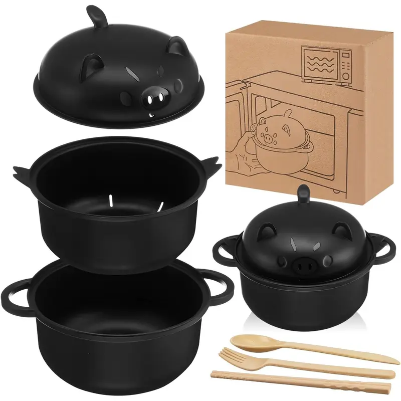 ONESHOW HOME 43oz (1300ml) Ergonomic Wheat Straw Microwavable Pig Ramen Cooker Bowl - Kitchenware Value Pack with Strainer Lid, Handle, Spoon, Fork, Chopsticks for Home, College Dorm Use (Child-Friendly)