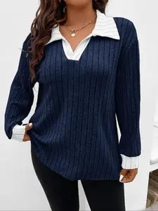 Women's Plus Size V-Neck Striped Long Sleeve Casual T-Shirt - Stylish Daily Wear Top with Trendy Style