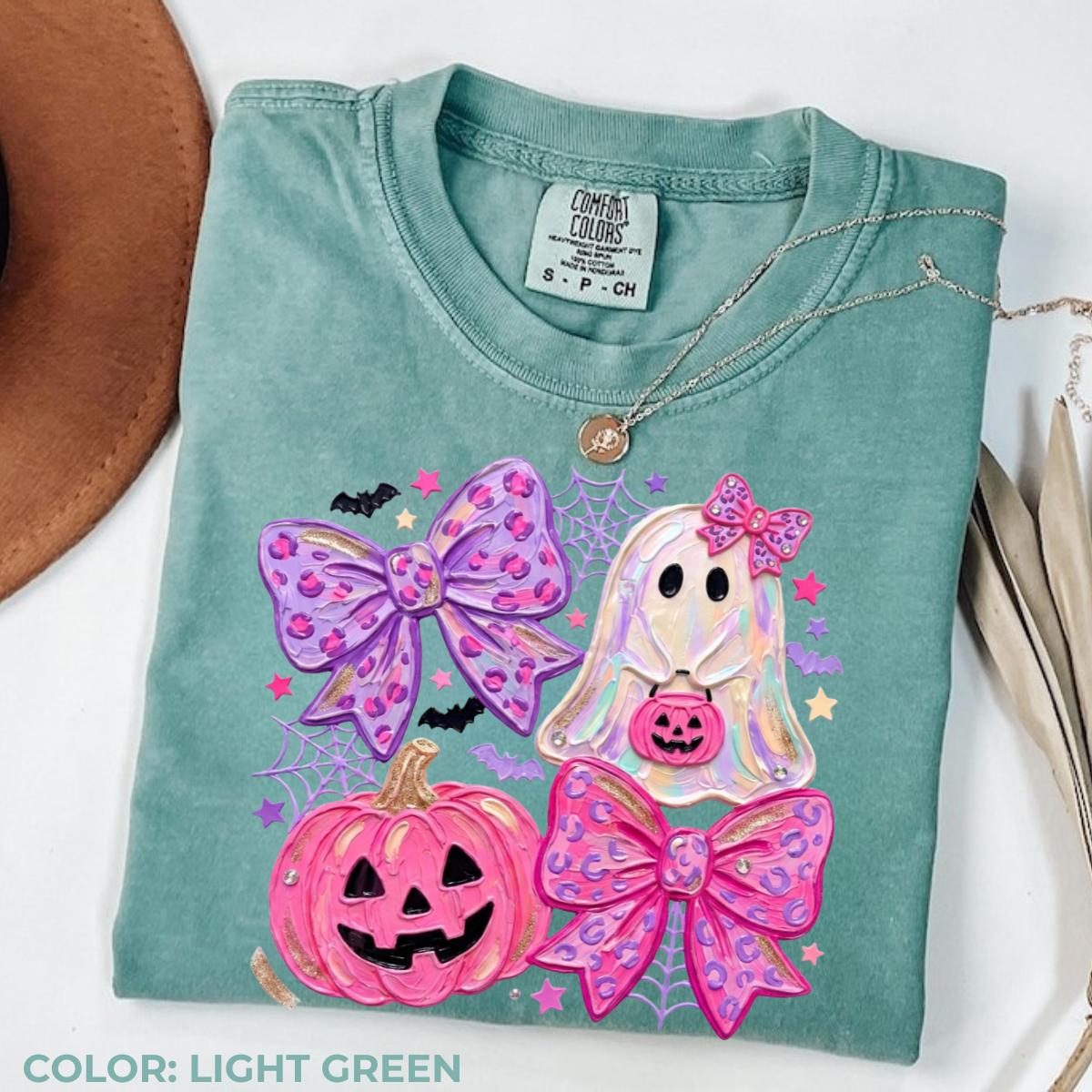 Comfort Colors Preppy Ghost Coquette Shirt, Cute Pink Bow Halloween T-Shirt, Girly Spooky Season Graphic Tee, Retro Fall Ghost Apparel, Trendy Gift