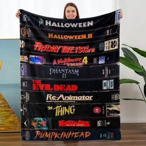 Comfortable Flannel Blanket, Horror Theme Vhs Movie Tape Collection Design, Digital Print, Perfect for Living Room and Camping