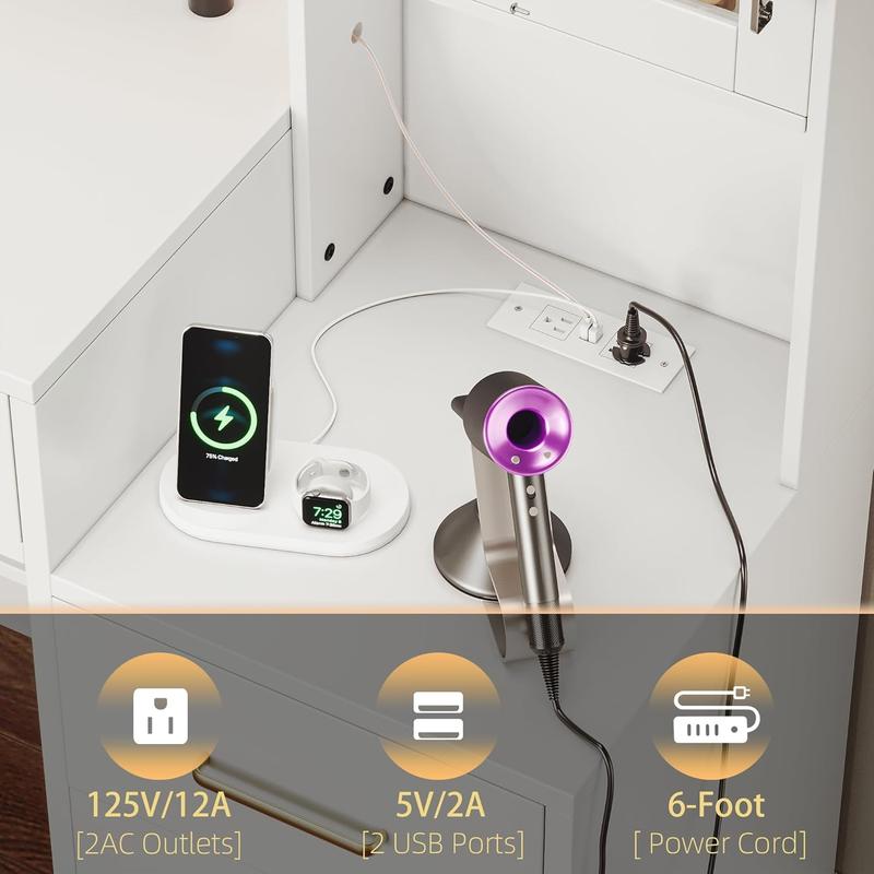 58.3”Vanity Desk with Mirror and Lights & Charging Station,Bedroom Dressing Table,Large Vanity Set,8 Drawers and 2 Cabinets,Makeup Vanity Table with Charging Station, Without Stool