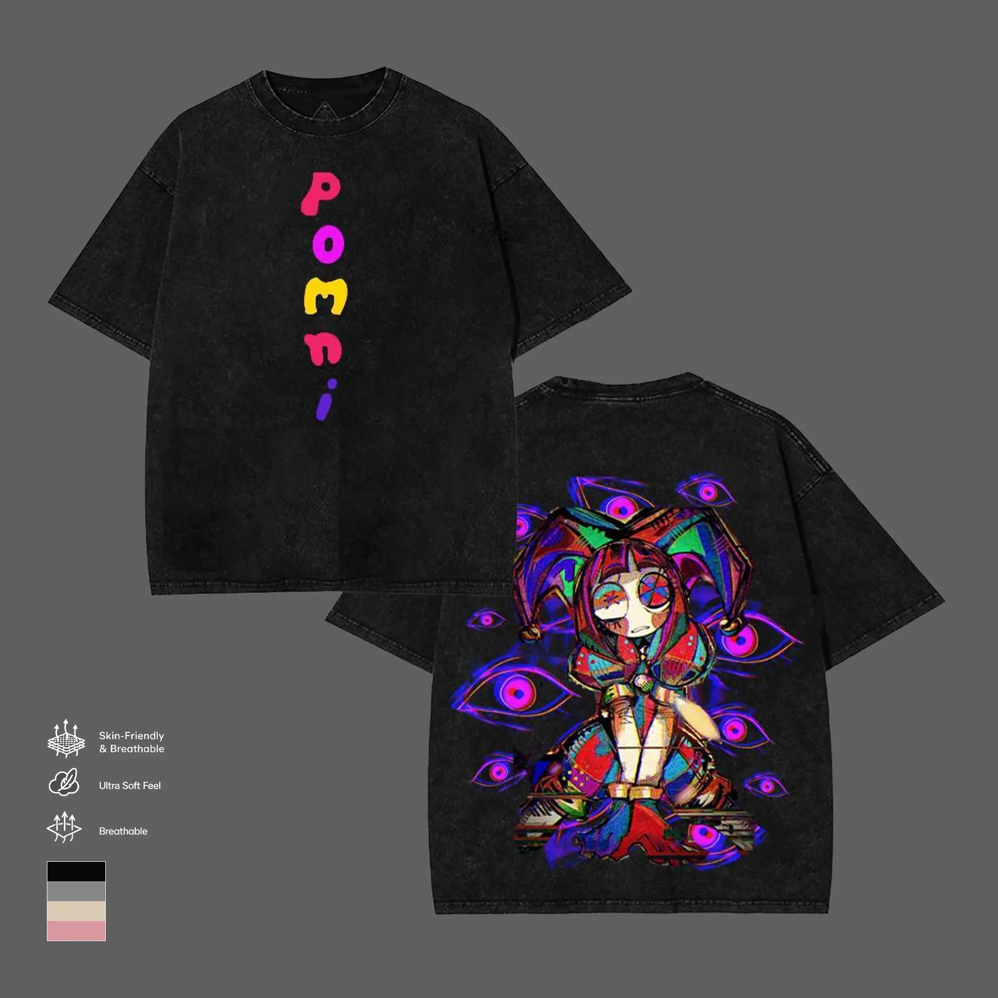 Pomni The Amazing Digital Circus Vintage Washed Graphic T-Shirt,Sweatshirt & Hoodie, Double Printed Heavyweight Cotton Oversized Tee, Acid Wash TV Show Streetwear, Retro Cartoon Aesthetic, Unisex Fan Merch Gift