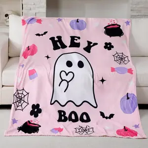 Cute Halloween Ghost Blankets Set Black Pink Ghost Boo Blankets and Throw Stuffers 60" x 50" Soft Fuzzy Plush Blanket Halloween Cozy Gifts for Sofa Couch Bed Lounging Living Bedroom, 1 count, Print on One Side with a Plain White Back