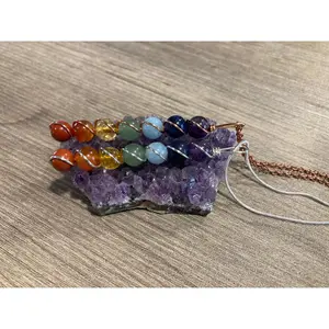 7 Chakra Necklace Pendant - Copper Wire Wrapped Jewelry - Amethyst - Sodalite - Aquamarine - Aventurine - Citrine - Carnelian - Red Jasper