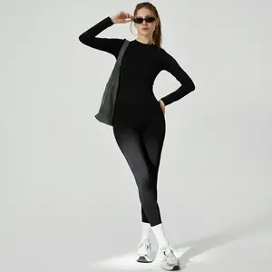 Women's Fitness Set Two-Piece Seamless Long-Sleeve Crew Neck Long Top Leggings Pants Fitness Yoga Wear