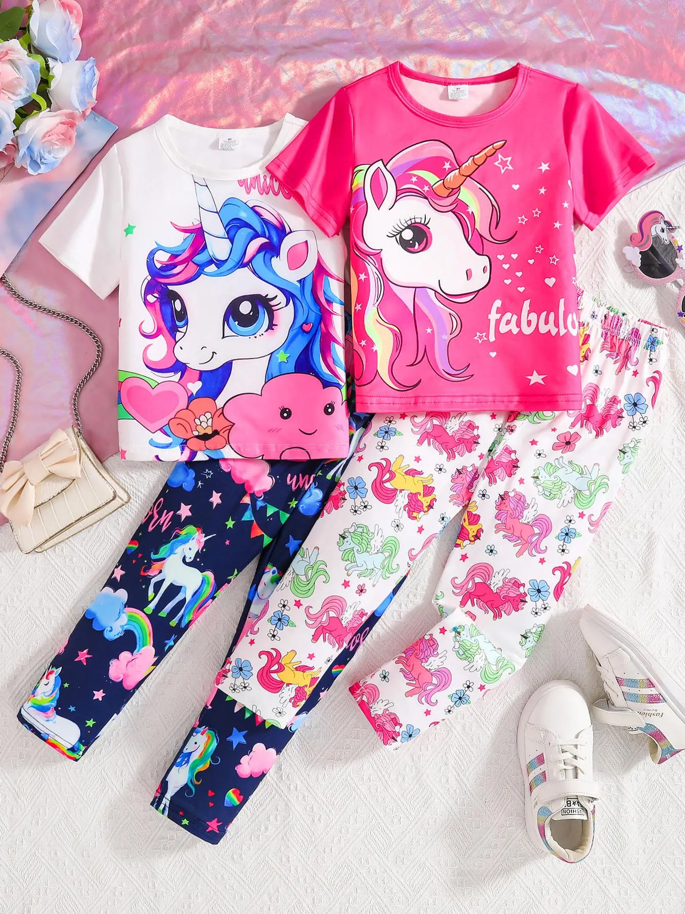 Toddler Girl's Cartoon Unicorn Print Tee & Pants Two-Piece Set, Casual Round Neck Short Sleeve T-Shirt & Elastic Waist Trousers, Summer Clothes for Ki