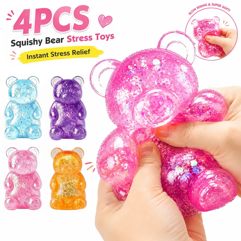 4 Pack Glitter Gummy Bear Squishy with Slow Rising Sensory Squishy Toys, Stress Bear Squishy, Squishy Toys for Kids, Stress Balls Valentines Day Gifts Birthday Gifts Party Favors