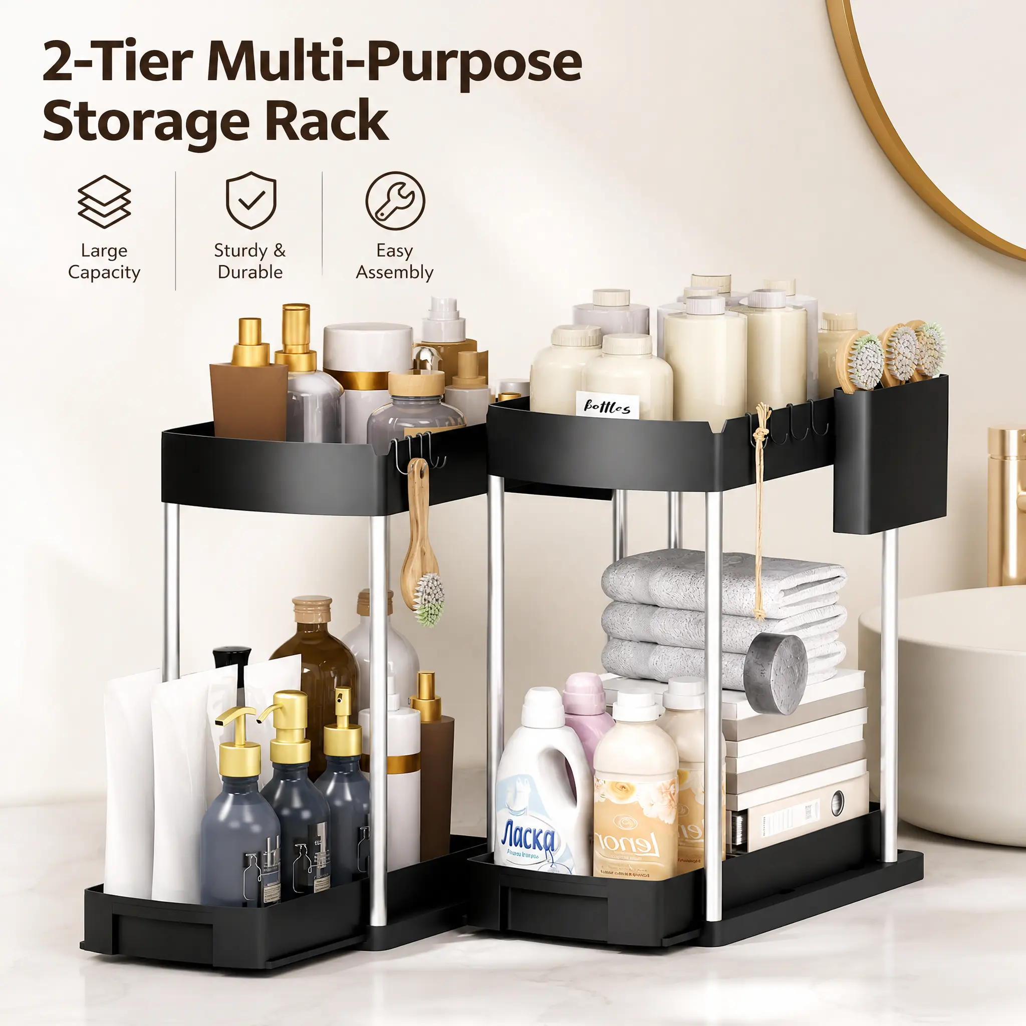 Under Sink Organizer,2-Tier Multi-Purpose Storage Organizers for Bathroom & Kitchen,Pull-Out Under Cabinet Organizers and storage with Storage Hooks and Cup(2-Pack)