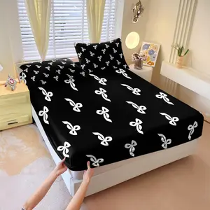 Minimalist-style bow-knot print fitted Sheet Set,1 Fitted Sheet & 2 Pillowcases without Filler, classic color, niche & sophisticated, refined atmosphere, soft & comfortable, anniversary gift for your friend, multiple styles are available.