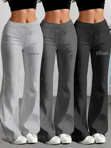 Women's Fashion Pants, Flared Straight-Leg Design with Classic English Text Print, Drawstring, Medium Stretch Fabric, Three-Pack, Summer Wardrobe, Trendy Printed Trousers, Everyday Fashion Bottoms