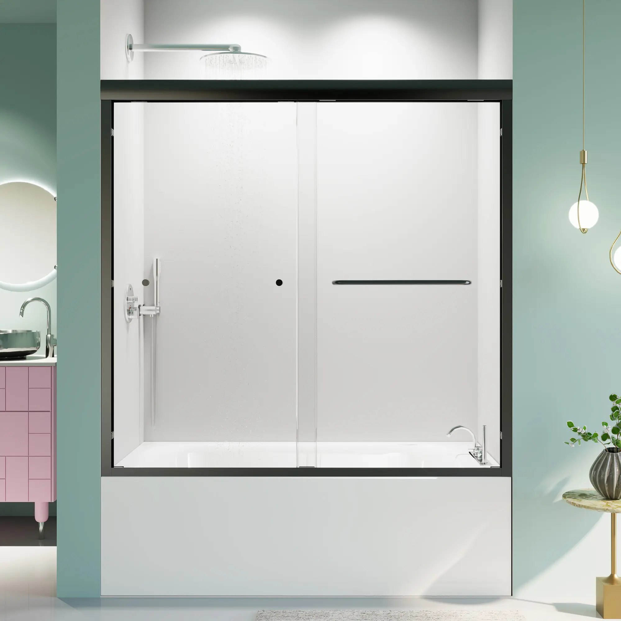56"-60"W*58" H Semi-Frameless Double Sliding Tub Door, Bypass Bathtub Shower, 1/4" (6mm) Thick SGCC Tempered Glass Door, Matte Black