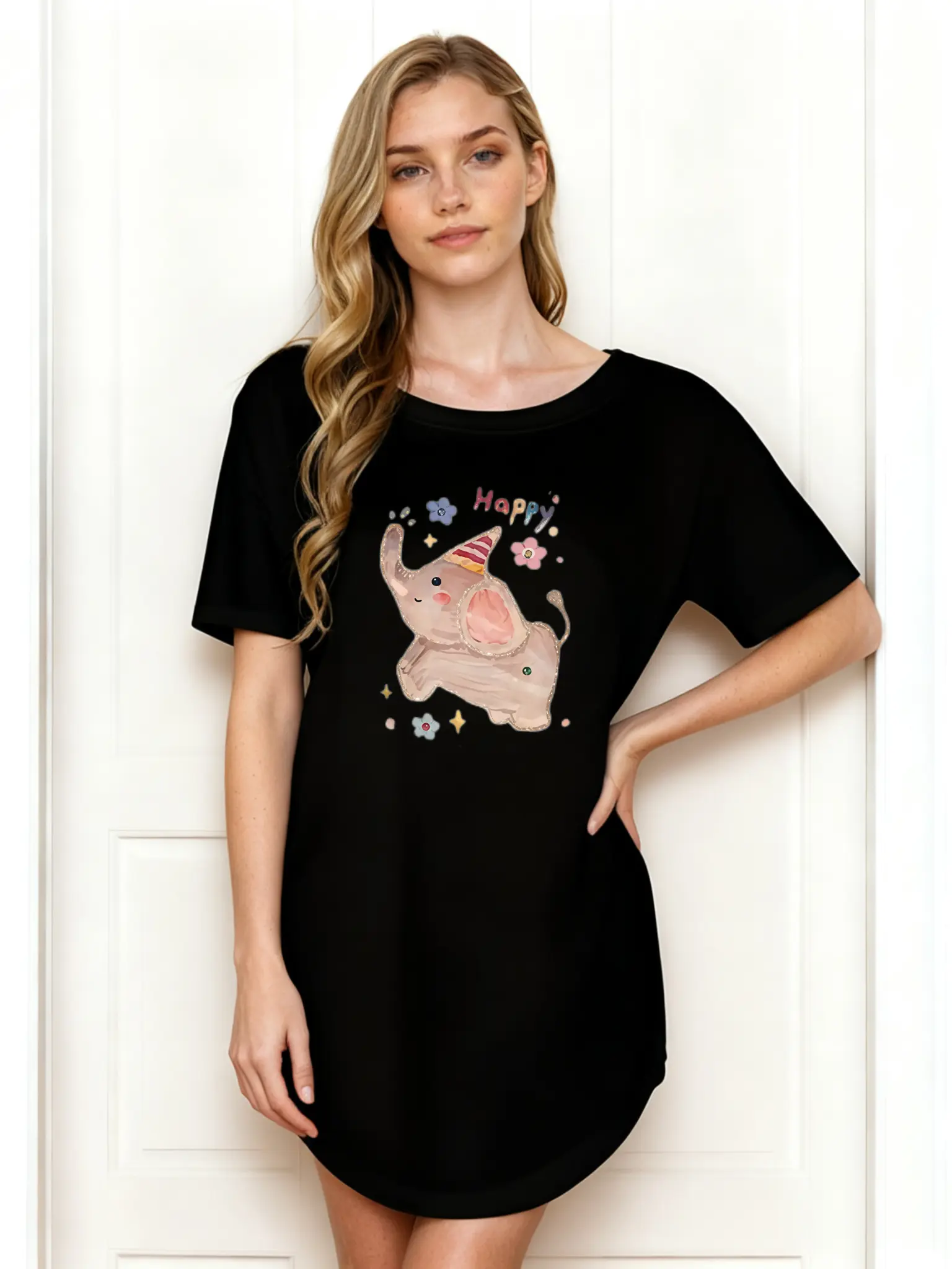 Women's Casual Summer Short-Sleeve Dress - Cute Happy Elephant With Flowers Print, Loose Fit, Wear-Resistant, Wrinkle-Resistant Style for Daily Day Wear, Shortsleeve, Casual Wear