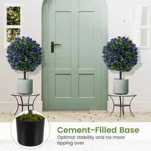 COSTWAY - 22 Inch Set of 2 Artificial Purple Rose Topiary Ball Trees with Cement-Filled Pot-Purple