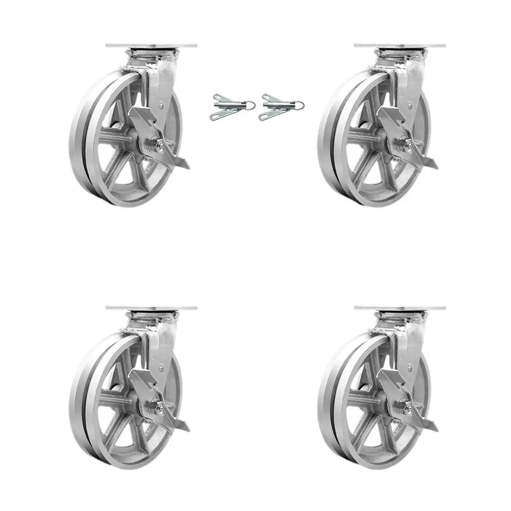 Service Caster SCC-30CS820-VGB-BSL-2 Heavy Duty Swivel Set (4-Pack) - 8in V-Groove Semi-Steel Cast Iron Wheels, Ball Bearings, 1250lbs/Unit, 2 Bolt-On Swivel Locks, 7.5"Hx12"Wx12"L, for Dollies/Carts, V-Groove Track, Industrial Users, Heavy Duty Projects